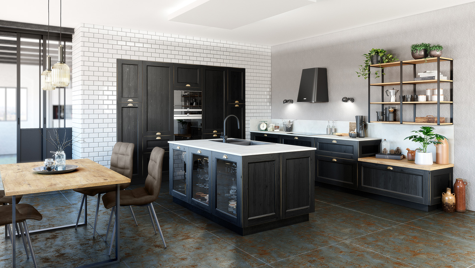 Cuisine industrielle noire et bois
