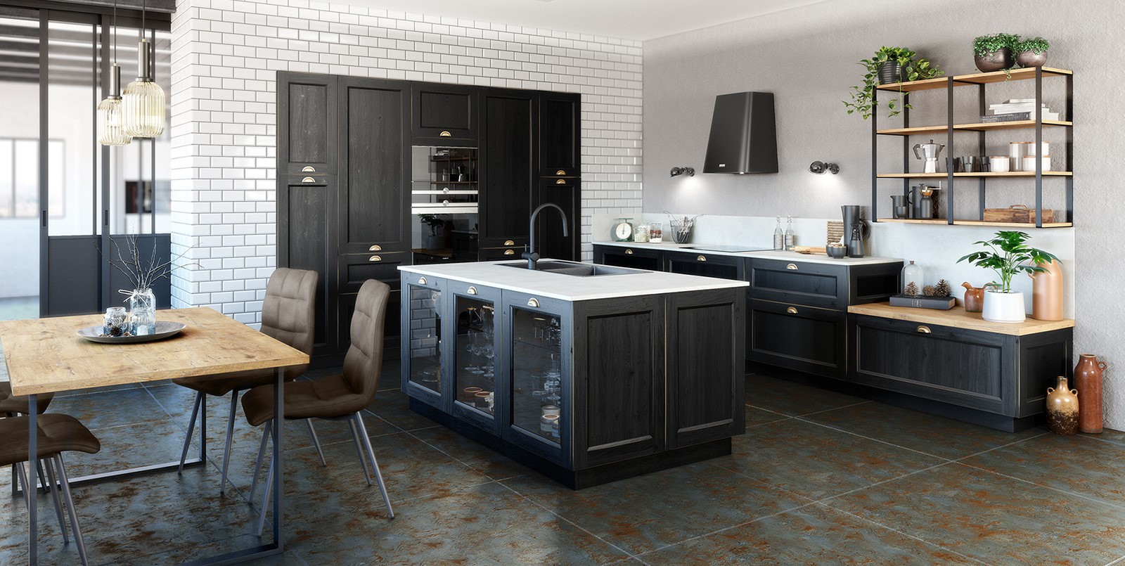 Cuisine noire et bois industrielle