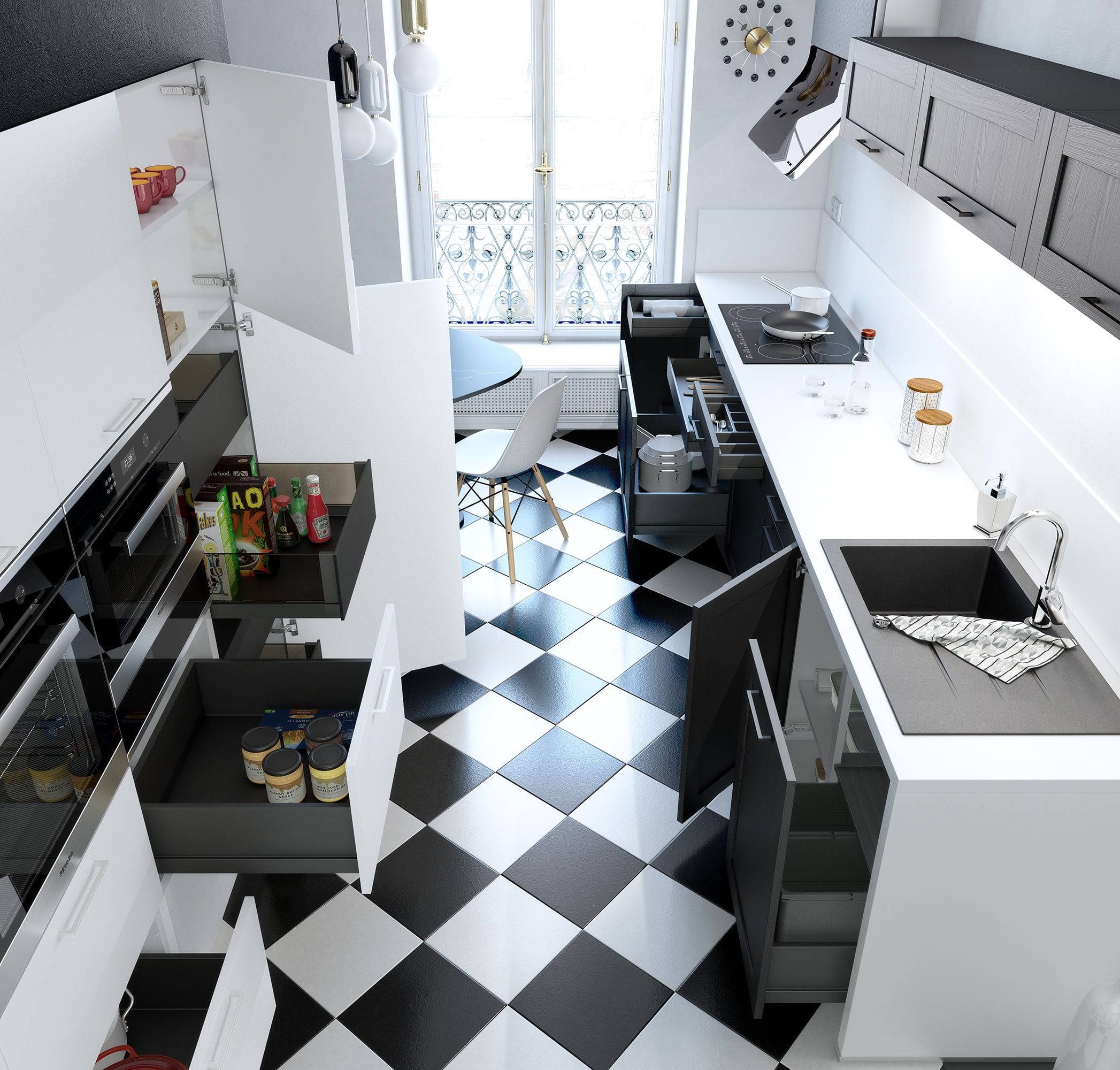 Rangements cuisine noire et blanche