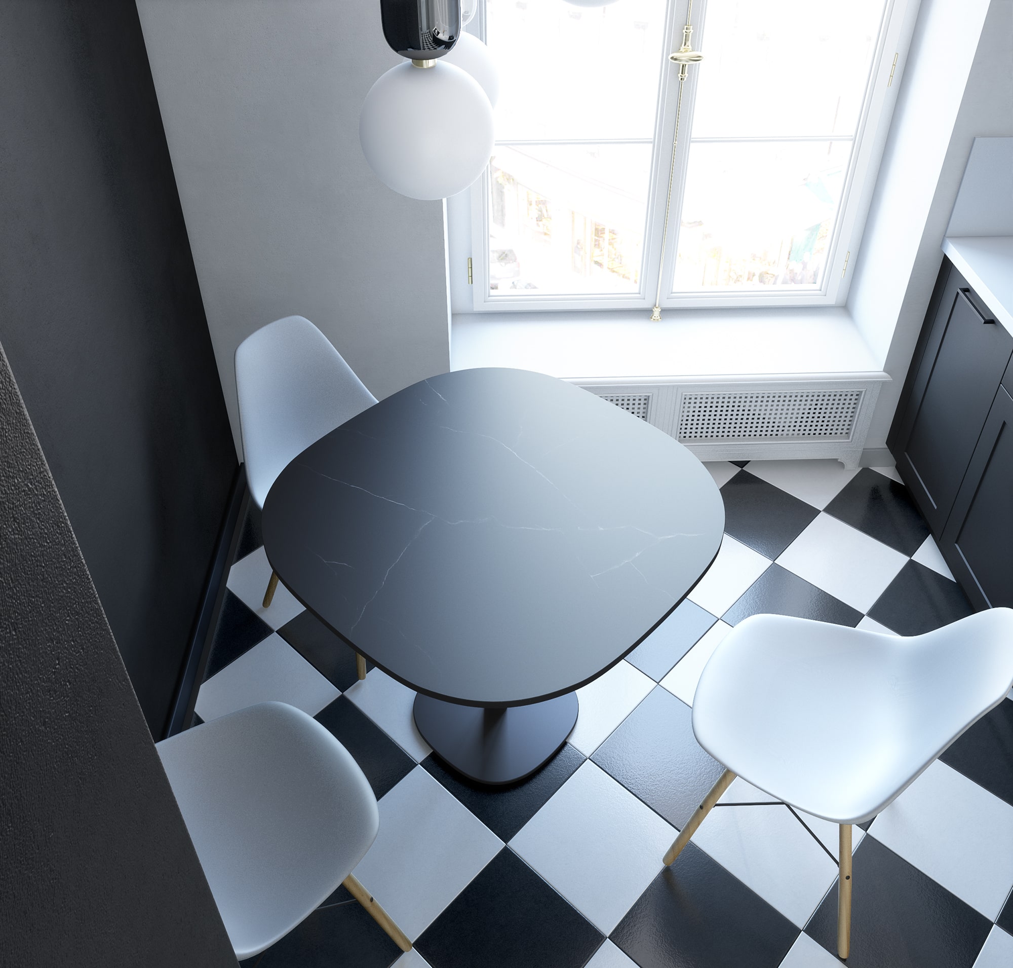 Table noire et chaises blanches