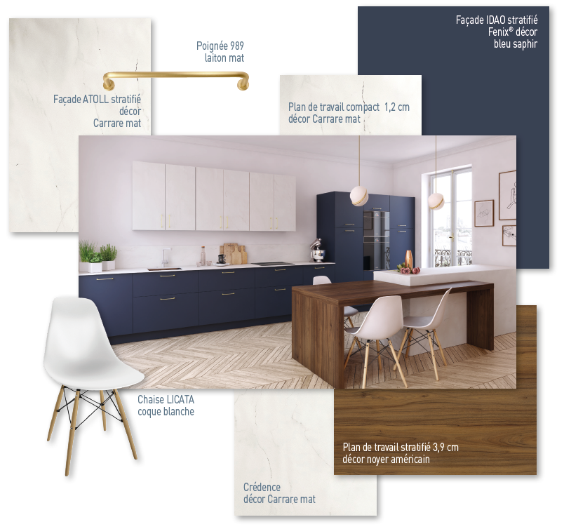 Cuisine moderne bleue blanche et bois