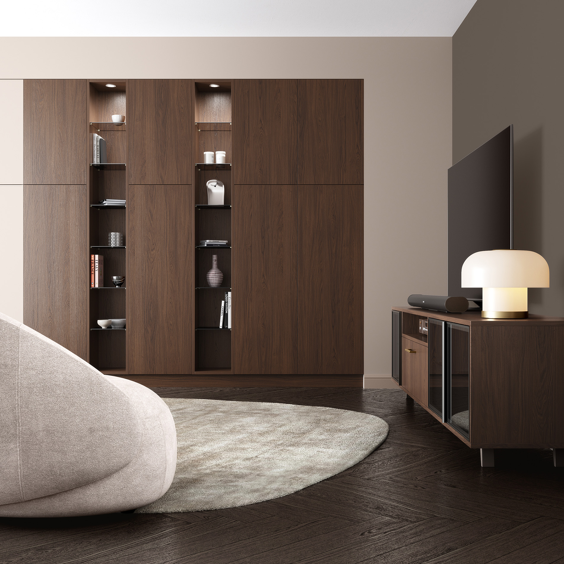 aménagement salon chêne et gris