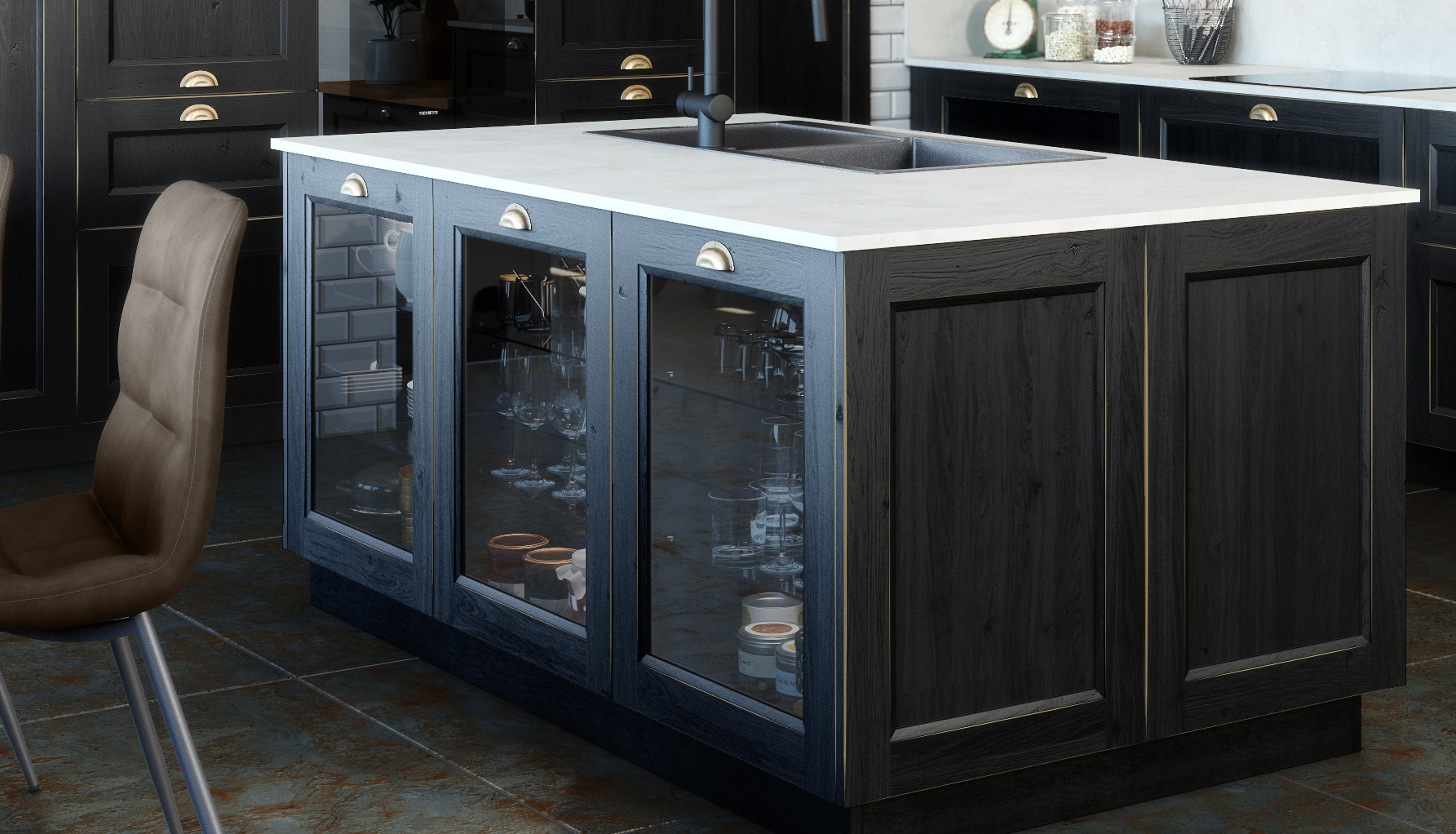 La verrière d'atelier et meubles vitrines pour une cuisine à la décoration industrielle