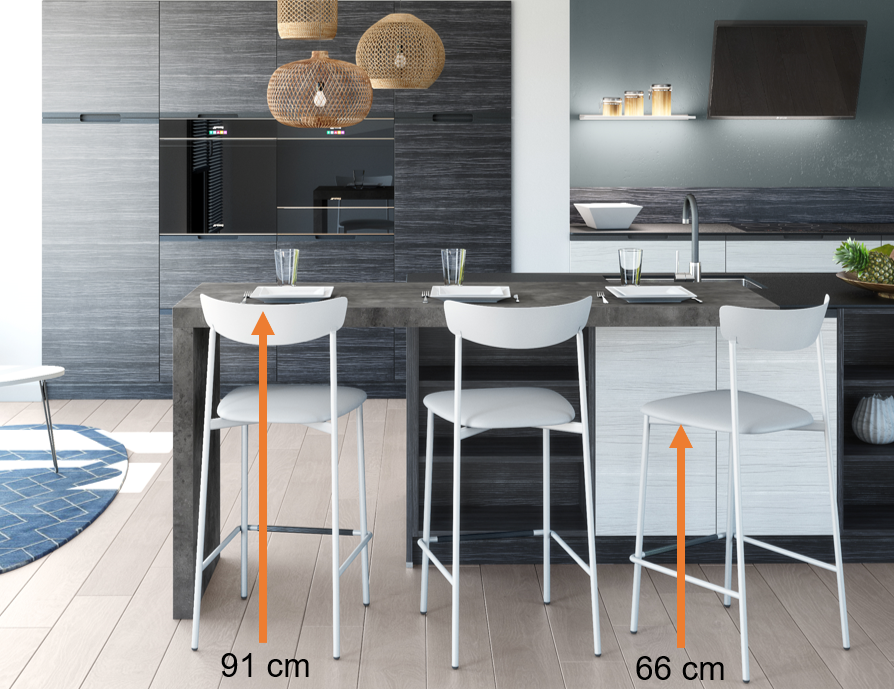 Hauteur de chaises ou tabourets conseillée pour une table haute d'environ 90 cm : 60 à 65 cm