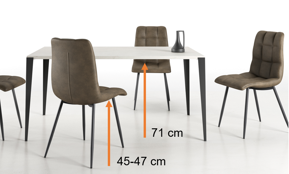 Hauteur de chaises conseillées pour une table classique de 75 cm : environ 45 cm.