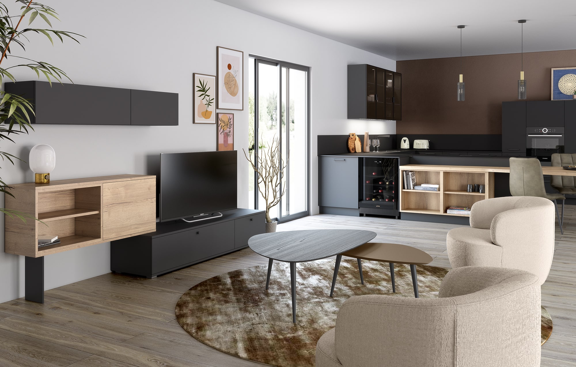 Cuisine noire et bois en U