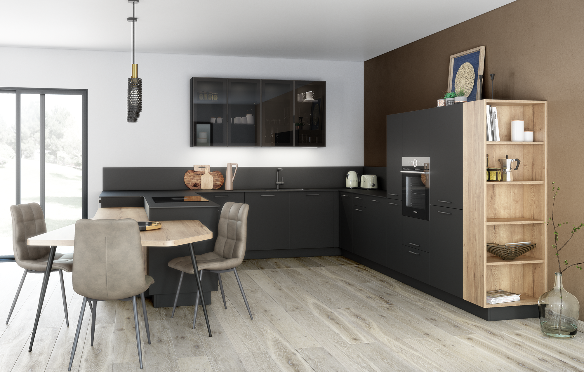 Cuisine noire et bois avec niches