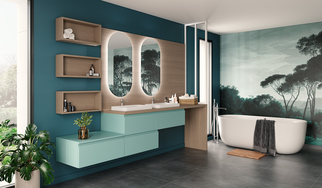 Salle de bain bleue et bois