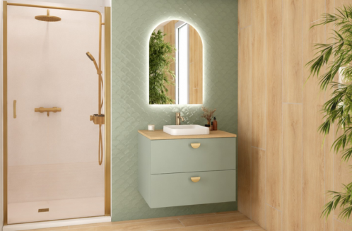 Petite salle de bain verte et bois