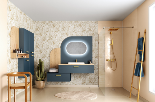 Salle de bain bleu et chêne