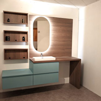 Salle de bain bleu bois